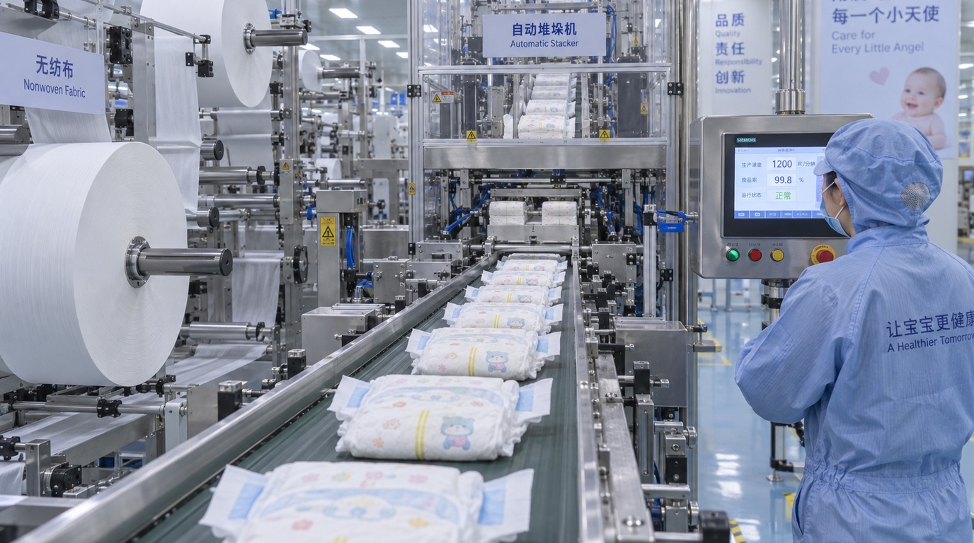 High-speed baby diaper converting and automatic stacking line at Baron factory